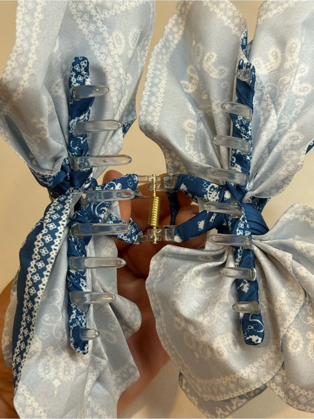 Cornflower Blue Bandana Print Fabric Bow Claw Clip Hair Accessory 4” Boho NWOT